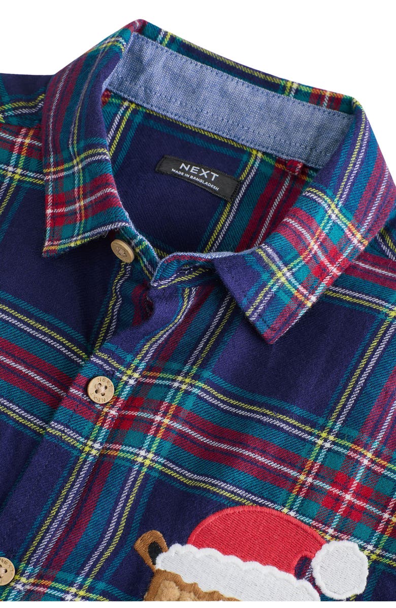 NEXT Kids' Plaid Santa Bear Appliqué Cotton Button-Up Shirt, Alternate, color, Blue