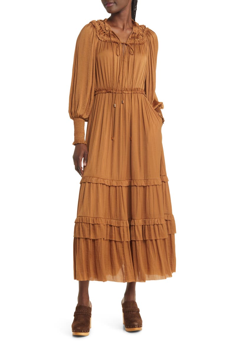 Long Sleeve Crinkle Satin Tiered Maxi Dress, Main, color, BROWN