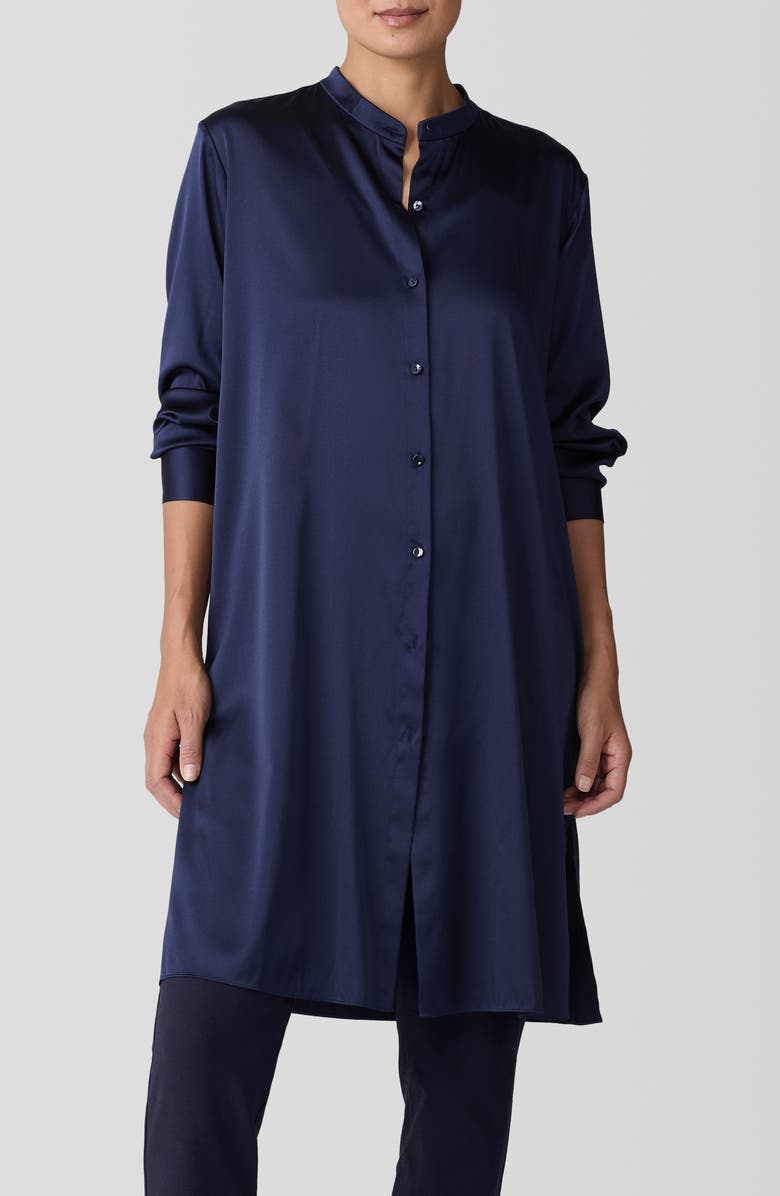 Eileen Fisher Band Collar Longline Stretch Silk Button-Up Shirt, Main, color, 