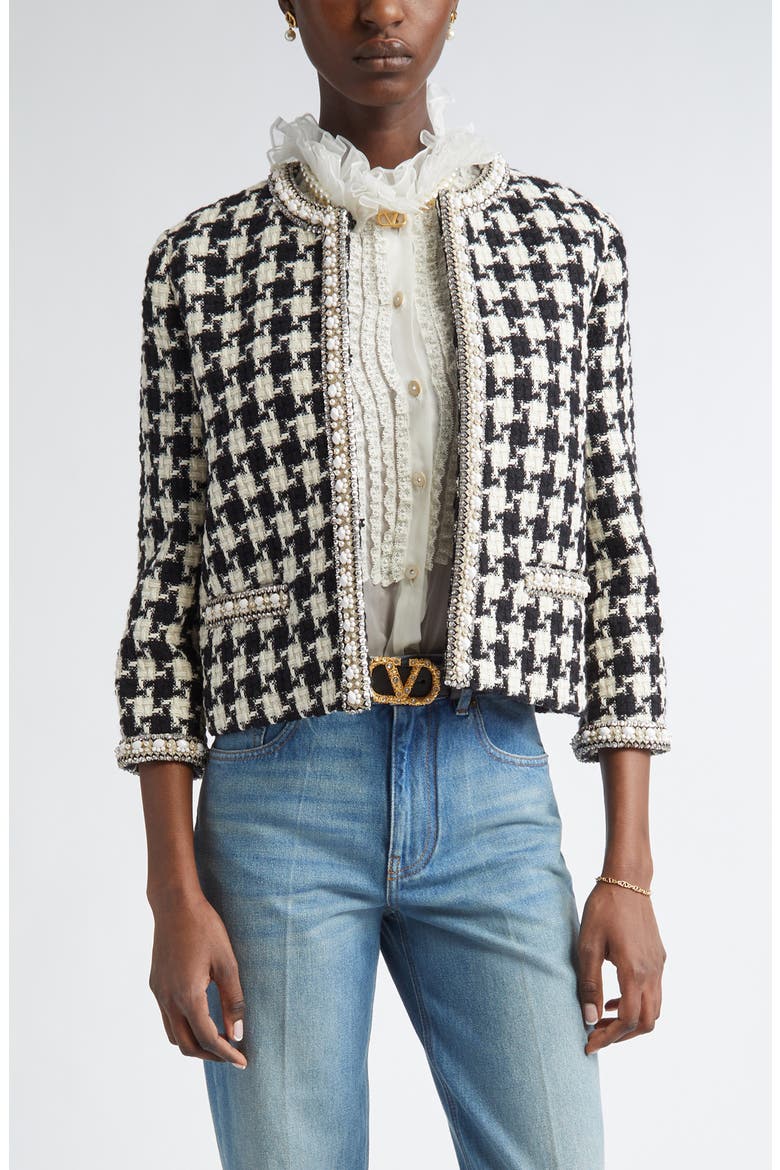 Houndstooth Check Tweed Crop Jacket, Main, color, IVORY/ BLACK