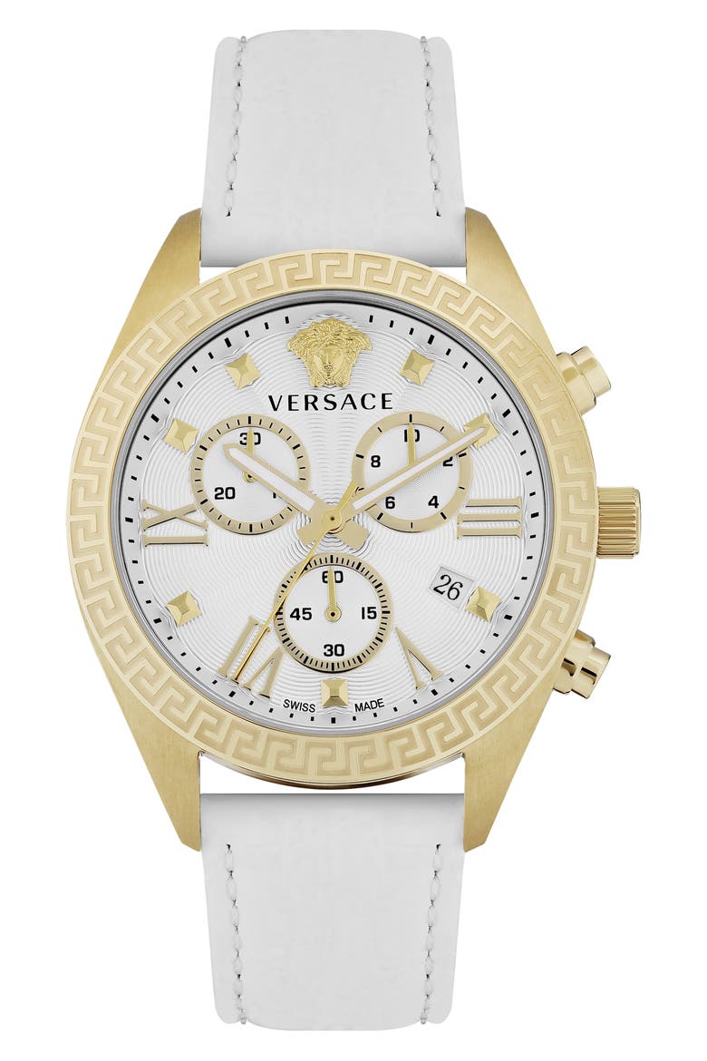 Greca Chronograph Leather Strap Watch, 40mm, Main, color, GOLD
