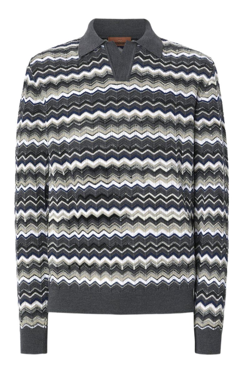 Missoni Long Sleeve Polo With V-neck And Zigzag Pattern, Alternate, color, Grey & Beige