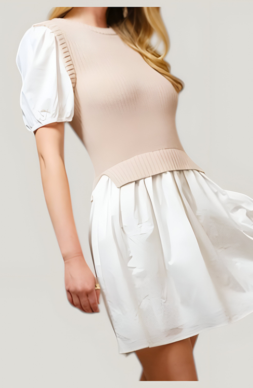 Modenaire Ribbed Sleeveless Sweater Dress With Puff Sleeves In White