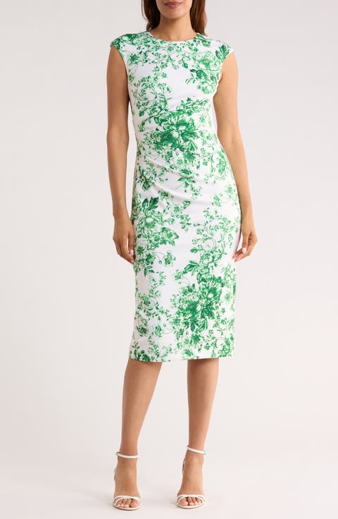 Floral Pleated Scuba Knit Sheath Dress