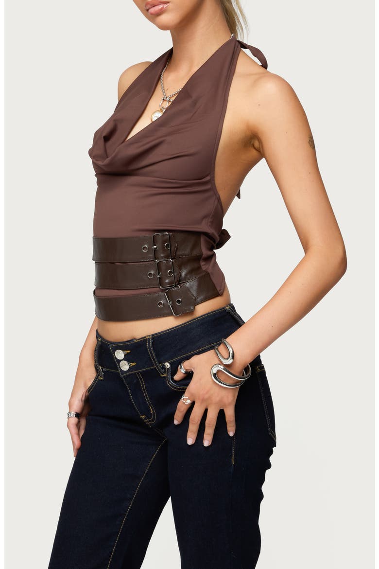 Buckle Halter Neck Open Back Crop Top, Alternate, color, BROWN