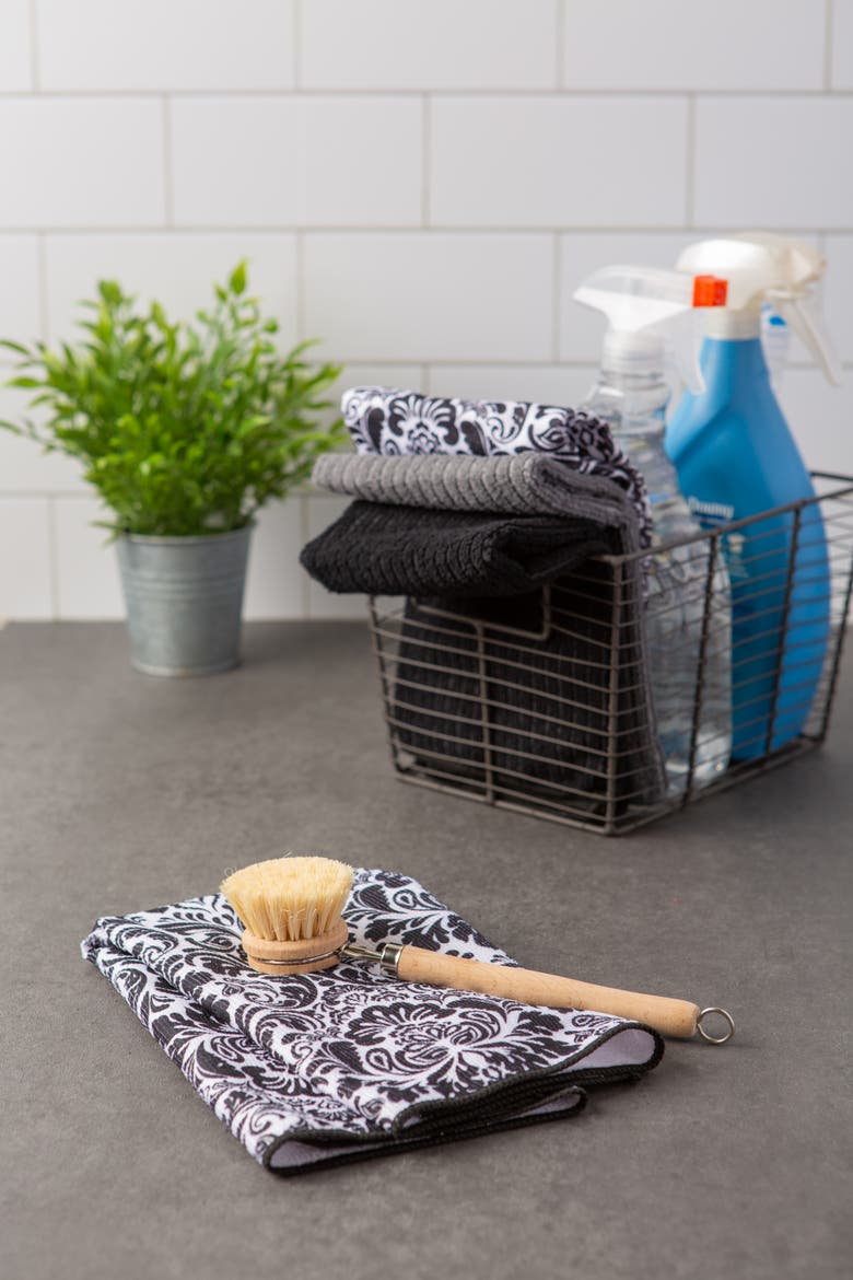 Black Damask Microfiber Dishtowel Set/4, Alternate, color, Black