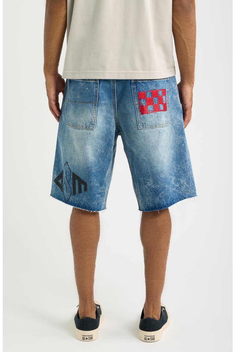 Doodle Distressed Raw Hem Denim Shorts, Alternate, color, INDIGO
