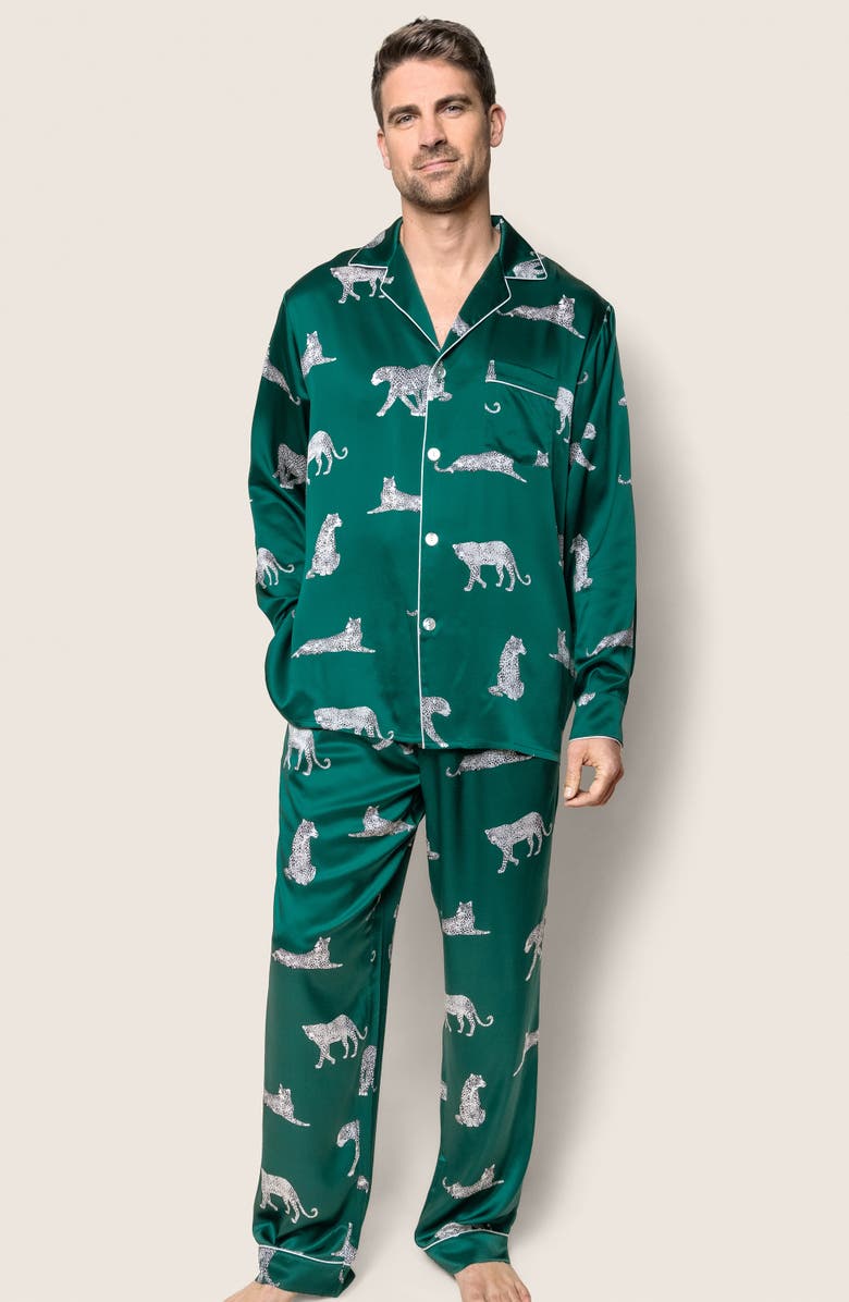 Petite Plume Panther Print Silk Pajamas, Alternate, color, Green