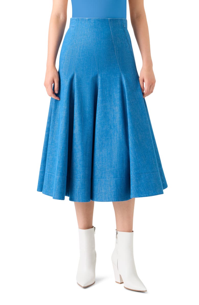 Akris Denim Godet Skirt, Main, color, Denim