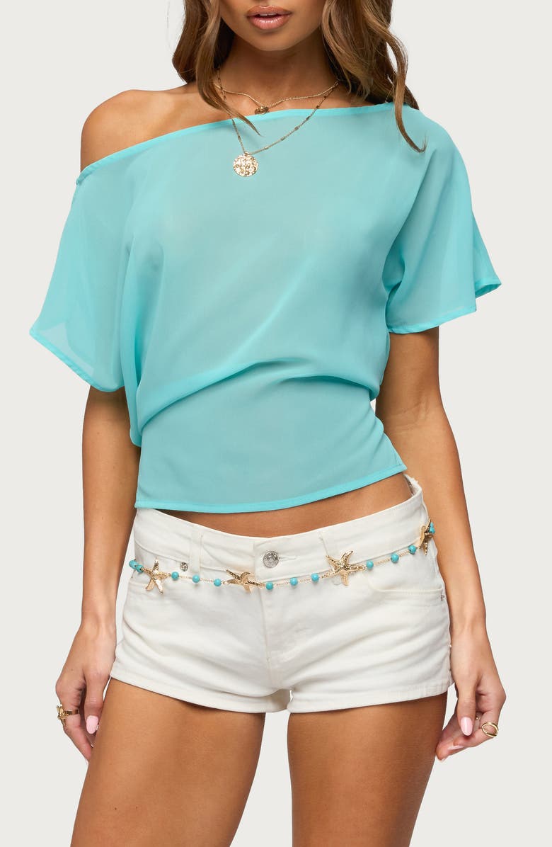 EDIKTED Noria One-Shoulder Sheer Chiffon Top, Main, color, Turquoise