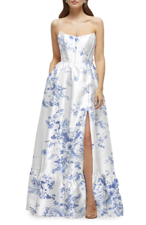 Dessy Collection Floral Strapless Bustier Bodice Satin Gown In Cottage Rose