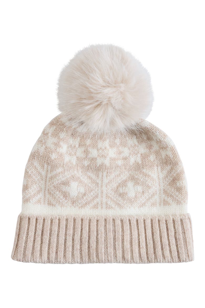 Fair Isle Beanie with Faux Fur Pom, Main, color, OATMEAL