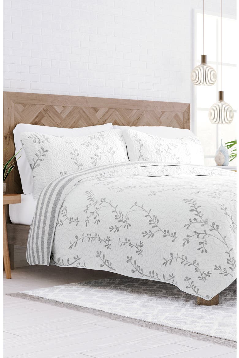 All Season Sprouting Vines Reversible Quilt & Sham Set, Alternate, color, LIGHT GRAY