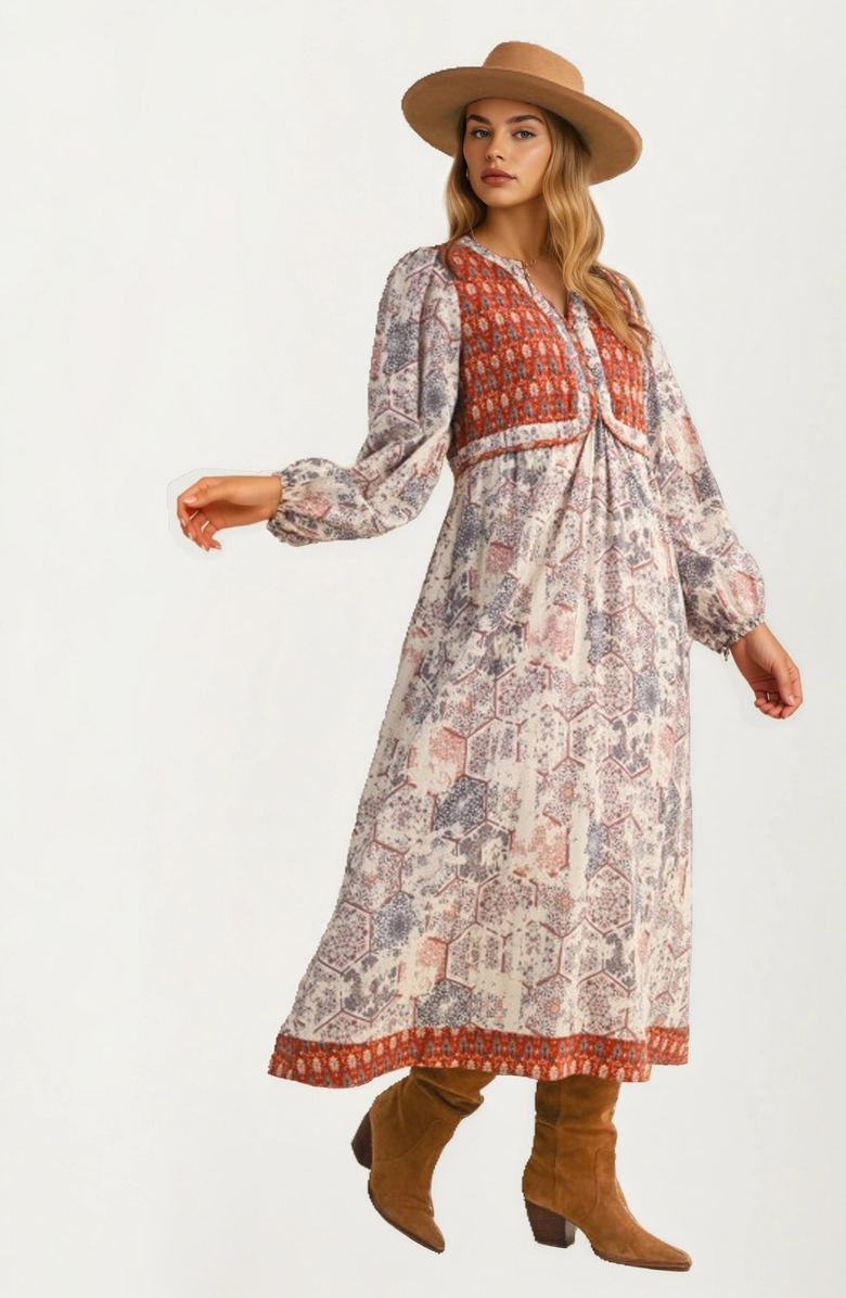 Knit and Lounge Patchwork Print Relaxed Fit Long Sleeve Maxi Dress, Alternate, color, Patchwork Print