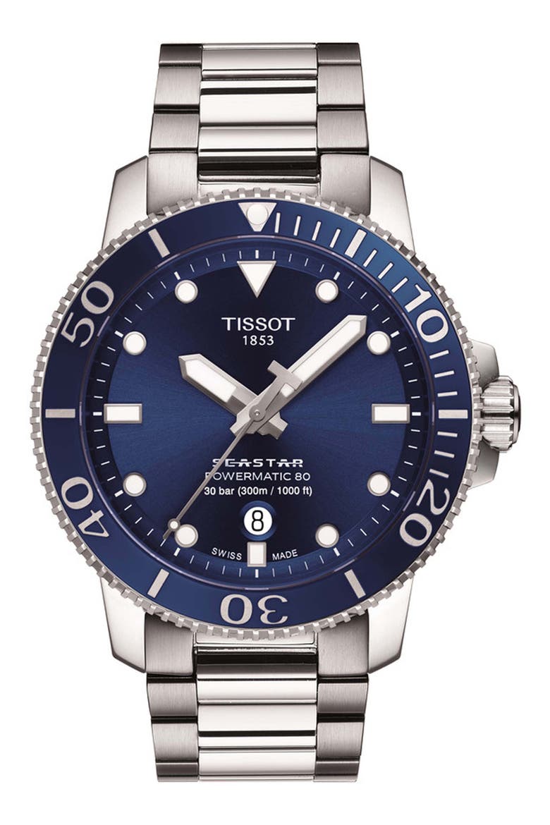 Tisso Seastar 1000 Powermatic 80 Bracelet Watch, 43mm, Main, color, BLUE