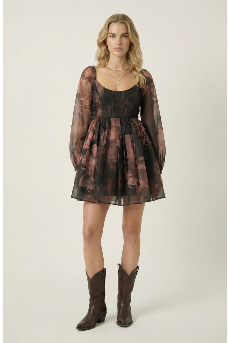 Floral Organza Bubble-Sleeve Tulle-Layered Mini Dress, Main, color, Floral Organza