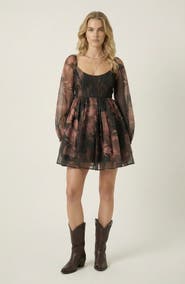 Modenaire Floral Organza Bubble-Sleeve Tulle-Layered Mini Dress