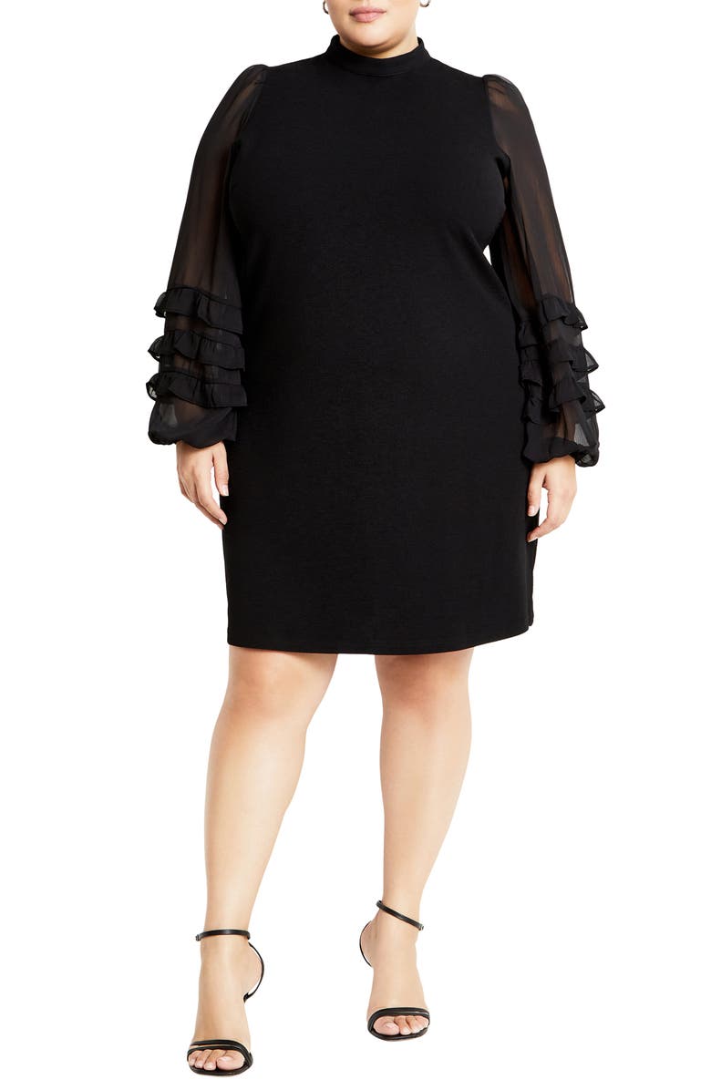 City Chic Indiana Ruffle Long Sleeve Shift Dress, Main, color, 