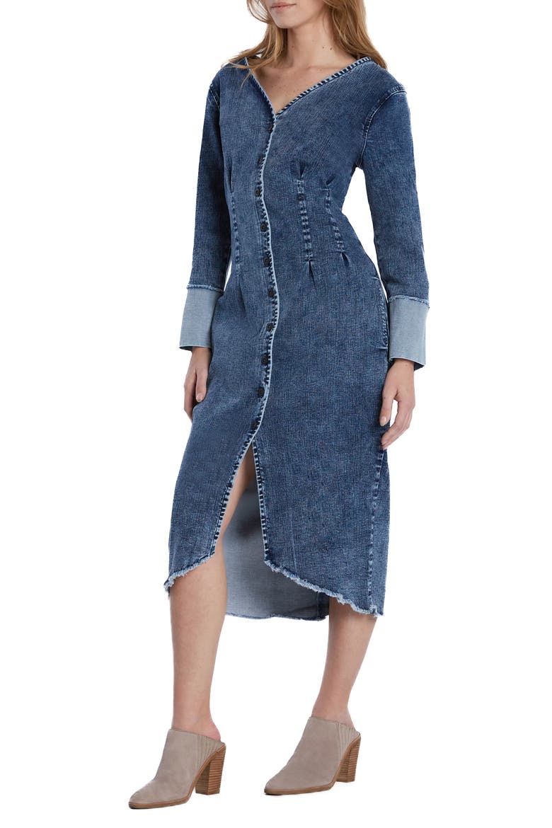 Corset Long Sleeve Denim Midi Dress, Alternate, color, HANNAH BLUE