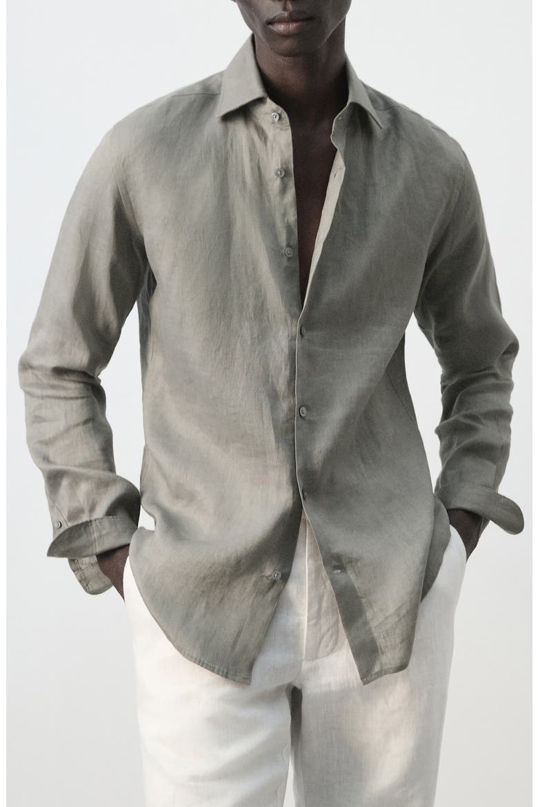 Slim Fit Linen Button-Up Shirt, Main, color, MEDIUM BROWN