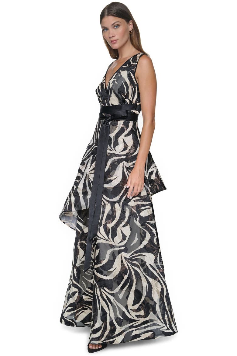 Printed Jacquard V-neck Gown with Layered Skirt, Alternate, color, Black/White