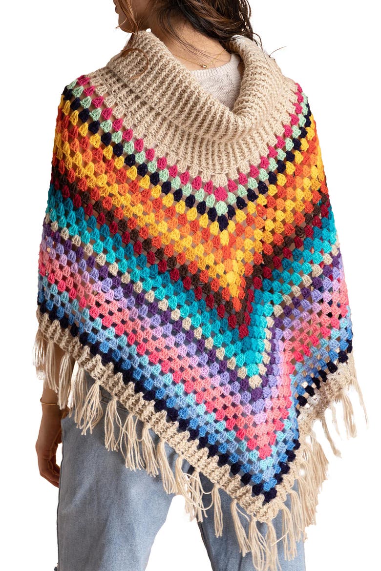 Earth to Sky Rainbow Stripe Crochet Poncho, Alternate, color, BEIGE