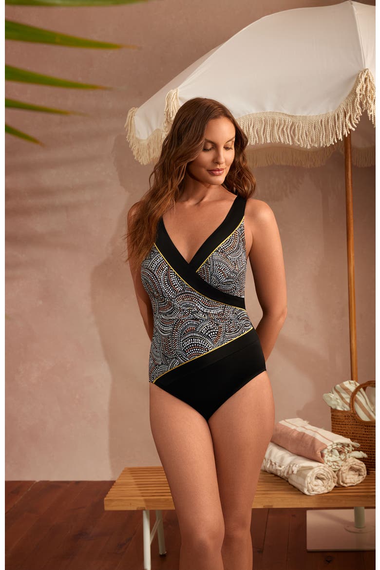 Pide Side Shirred Surplice Long Torso One-Piece Swimsuit, Alternate, color, Beaded Glam