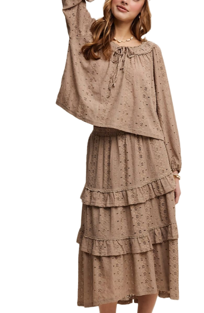 Knit and Lounge Eyelet Tiered Boho Skirt and Top Set, Alternate, color, Taupe