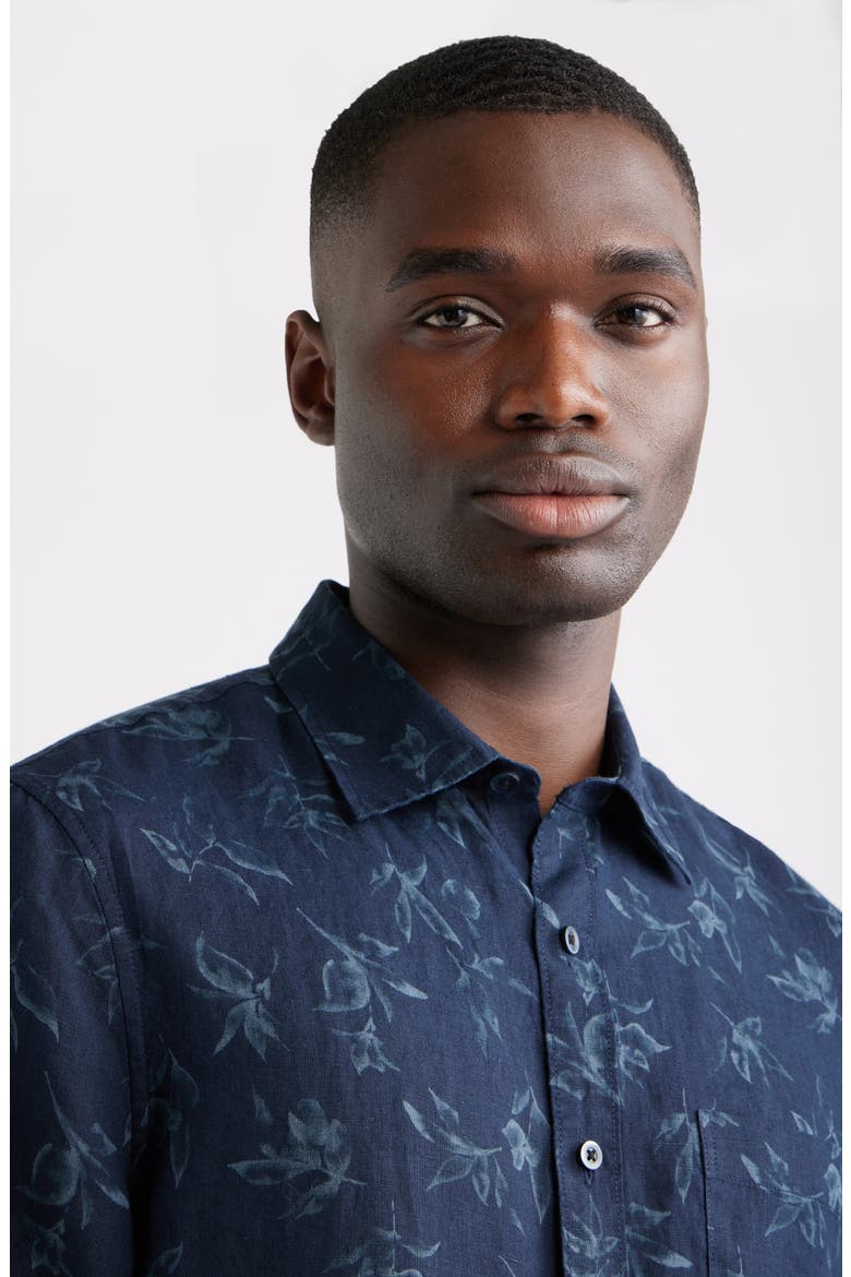 Leaf Print Short Sleeve Linen Button-Up Shirt, Alternate, color, NAVY WASHED LEAVES