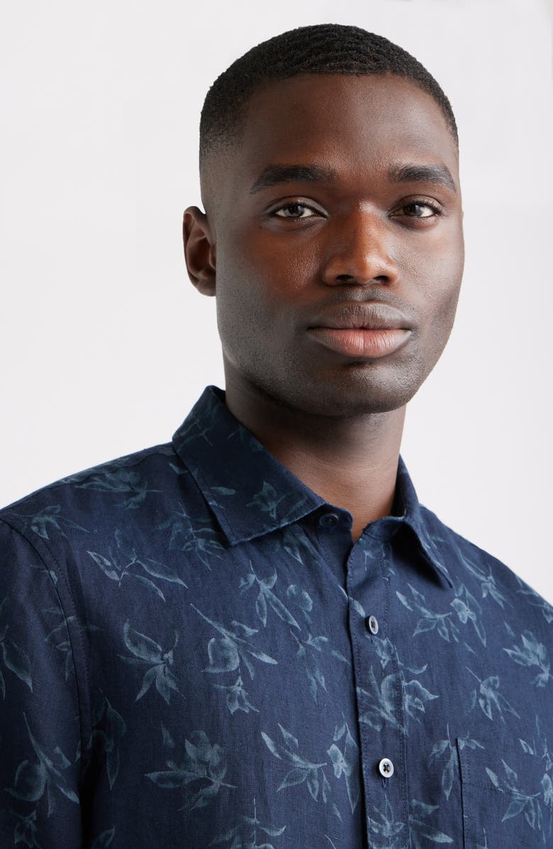 Nordstrom Leaf Print Short Sleeve Linen Button-Up Shirt, Alternate, color, Navy Washed Leaves