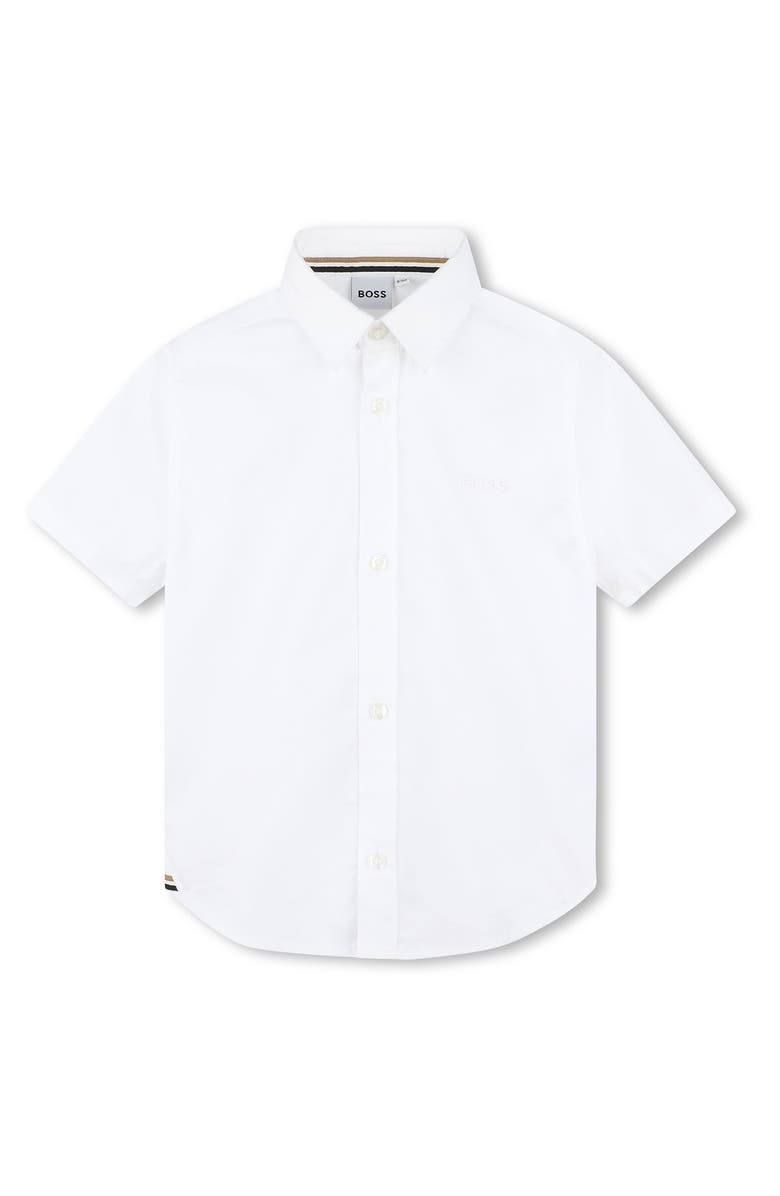 BOSS Kidswear Kids' Solid Short Sleeve Cotton Button-Up Shirt, Main, color, 