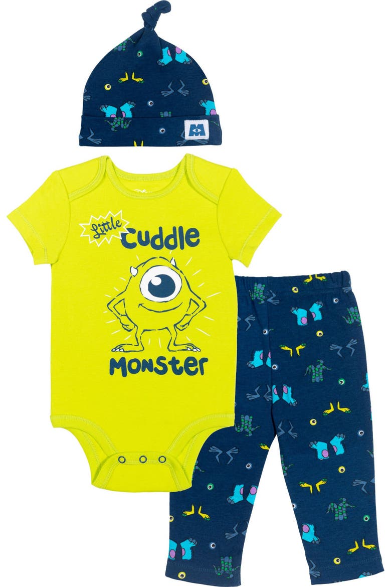 Pixar Bodysuit Pants and Hat Set, Main, color, Mike Sulley Lime Navy