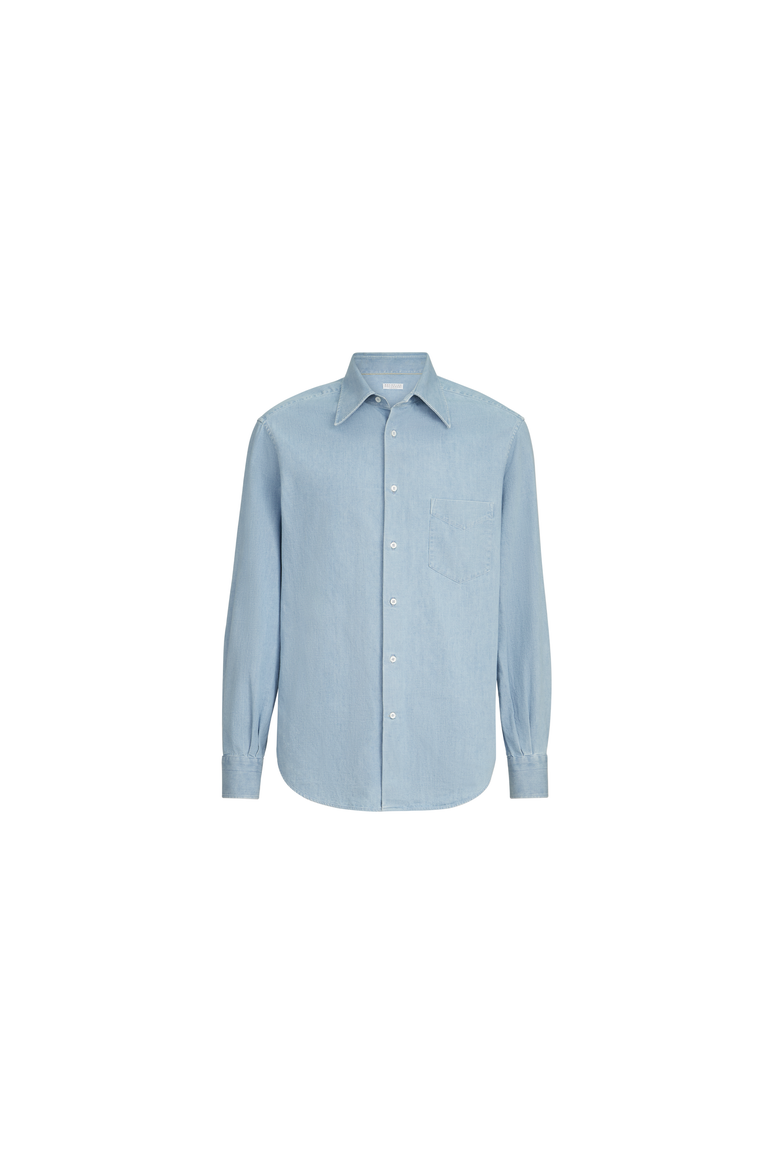 Lightweight denim shirt with Italian collar and chest pocket, Alternate, color, Light Blue Denim