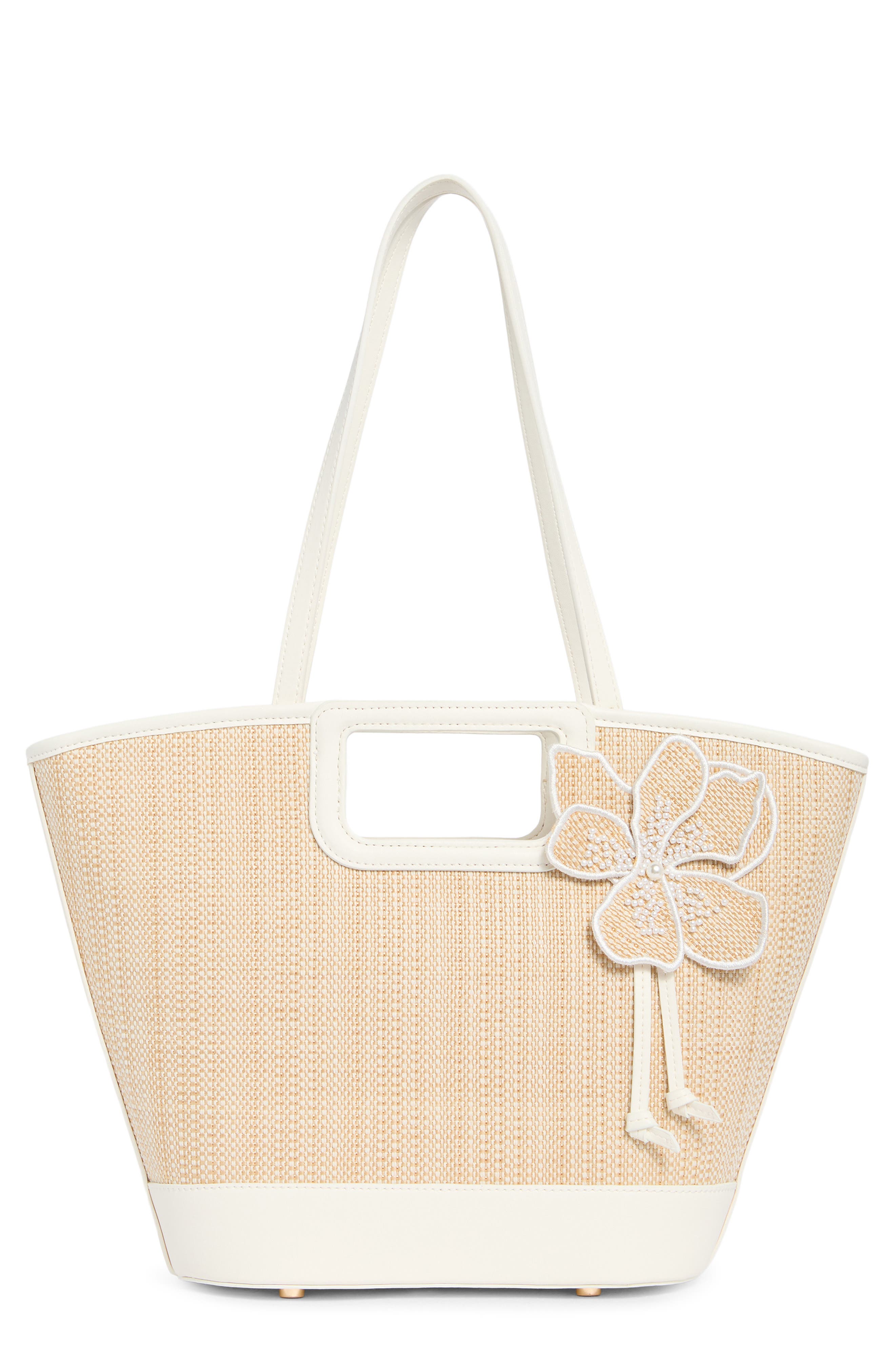 Anne Klein Floral Beaded Woven Tote, Main, color, Vanilla