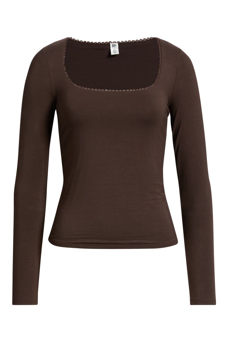 Lace Trim Square Neck Long Sleeve Top, Alternate, color, BROWN COFFEE