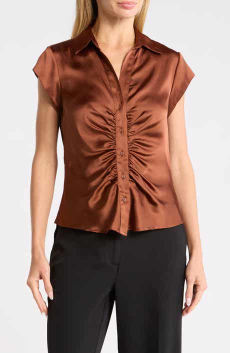 DR2 by Daniel Rainn Ruched Satin Button-Front Cap Sleeve Blouse