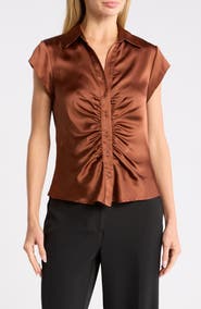 DR2 by Daniel Rainn Ruched Satin Button-Front Cap Sleeve Blouse