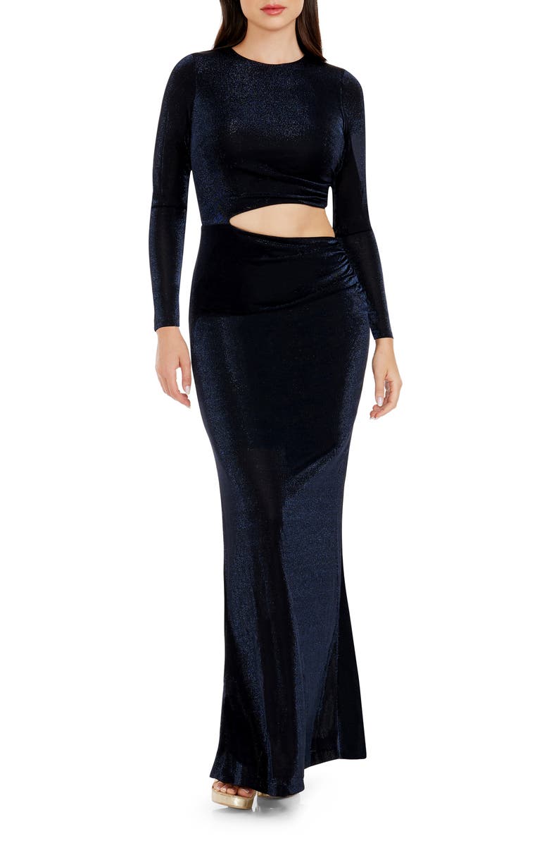 Dress the Population Candace Cutout Metallic Long Sleeve Column Gown, Main, color, Midnight Blue B