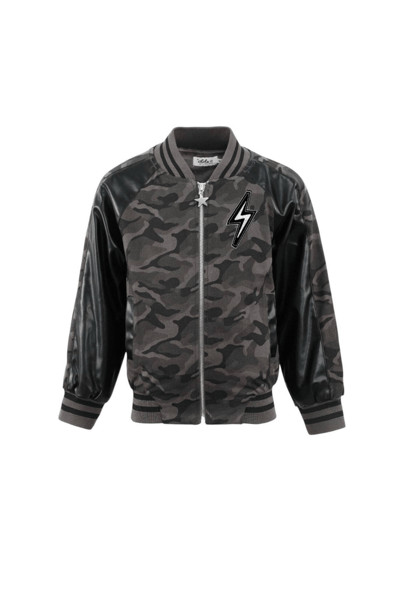 Camo Flash Leather Bomber, Main, color, Black
