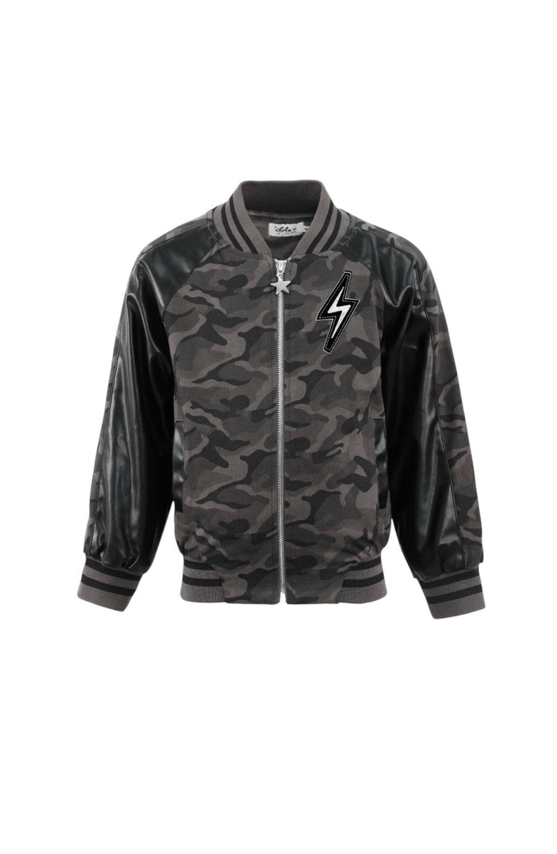 Lola + The Boys Camo Flash Leather Bomber, Main, color, Black