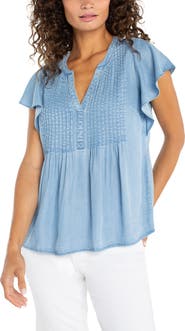 Liverpool Los Angeles Flutter Sleeve Popover Chambray Top