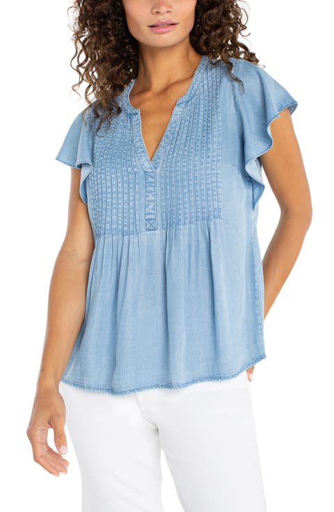 Liverpool Los Angeles Flutter Sleeve Popover Chambray Top (Petite)