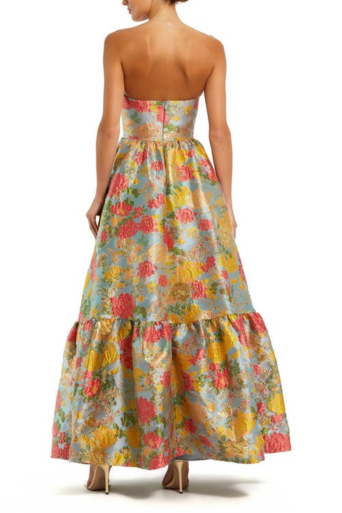 Mac Duggal Strapless Brocade Floral Gown With Ruffle Hem
