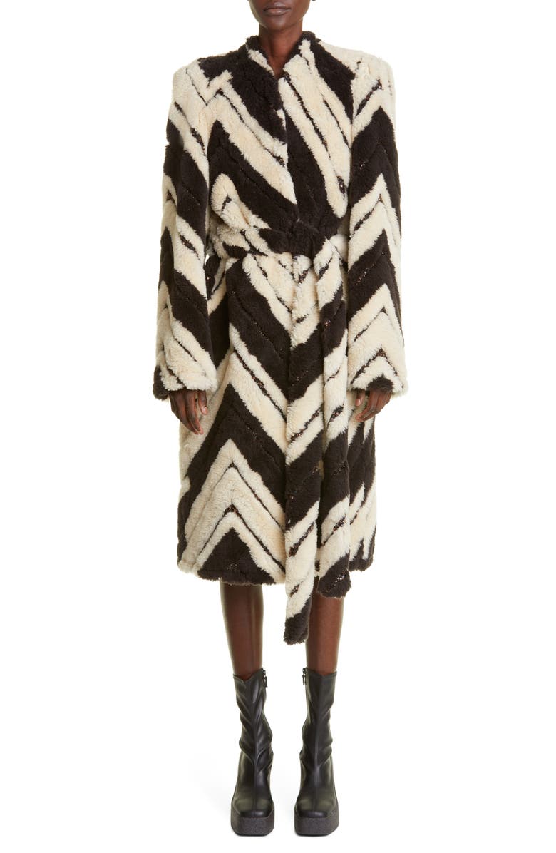 Stella McCartney Stripe Faux Fur Belted Coat, Main, color, 
