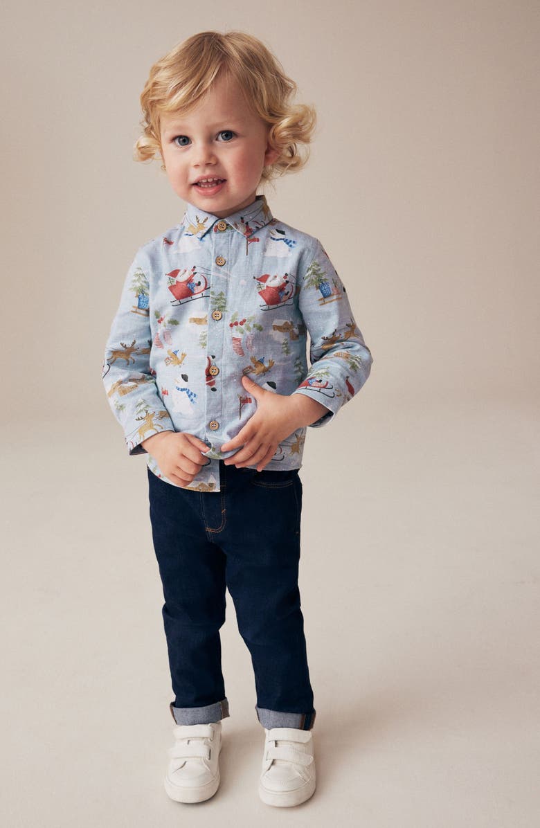NEXT Kids' Santa Print Cotton Button-Up Shirt, Alternate, color, Blue