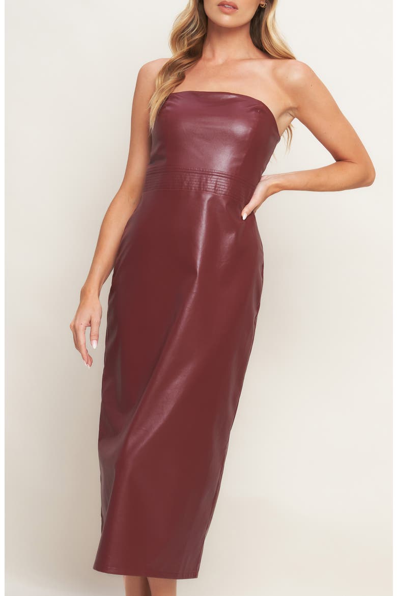 Strapless Faux Leather Midi Dress, Alternate, color, BURGUNDY