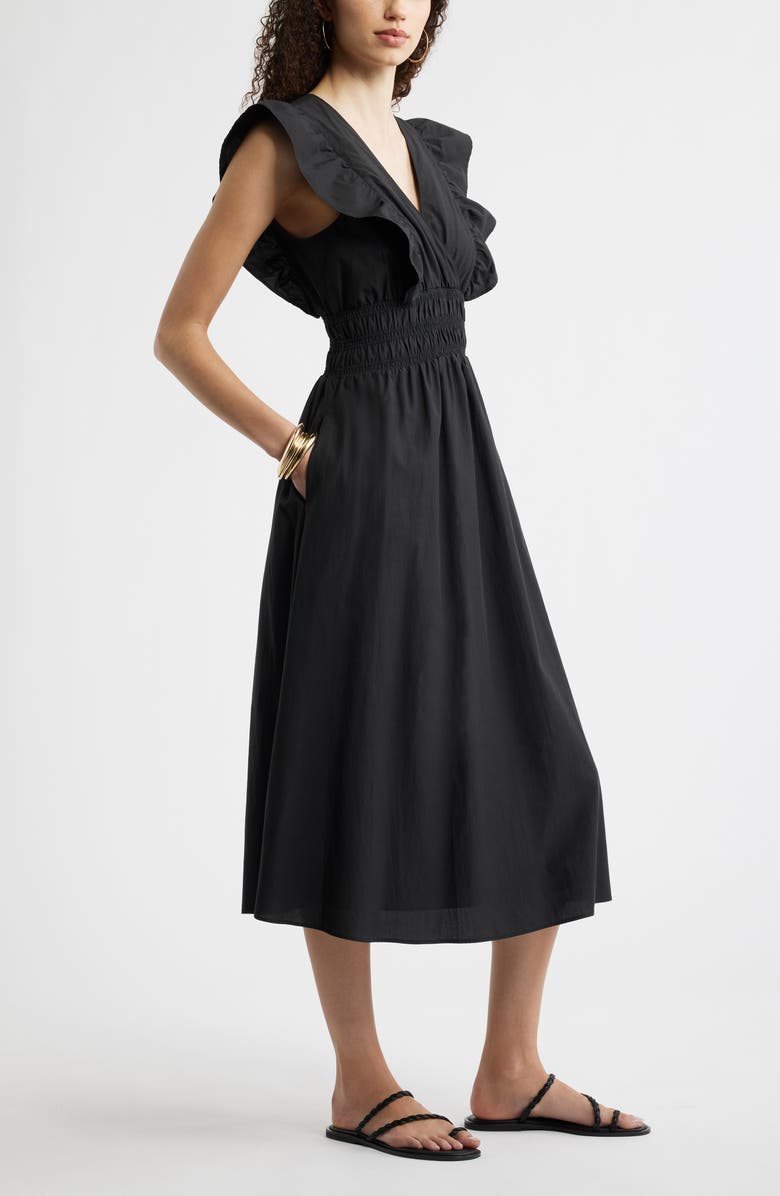 Nordstrom Flutter Sleeve Smocked Waist Midi Dress, Alternate, color, Black