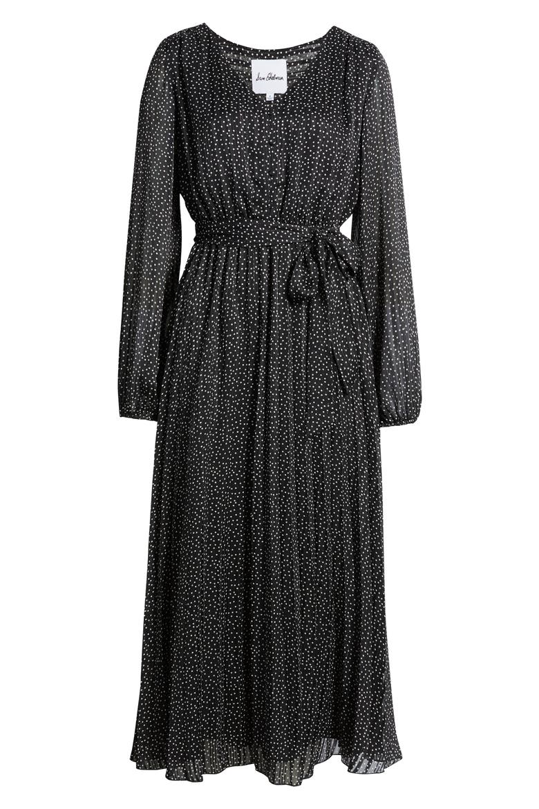Polka Dot Metallic Thread Long Sleeve Pleated Dress, Alternate, color, BLACK