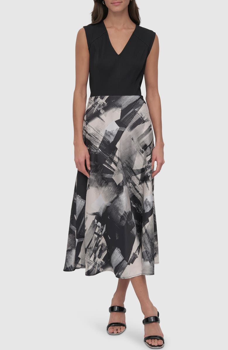DKNY Mixed Media Dress, Main, color, Black Skyline