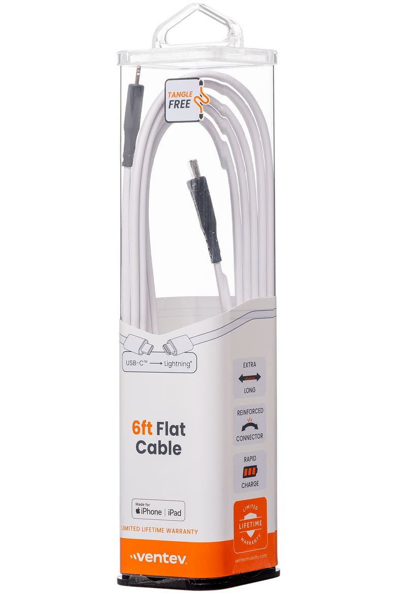 Flat USB-C to Apple Lightning High Speed Tangle-Free 6 Foot Cable, Alternate, color, White